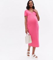 New Look Maternity Bright Pink Short Sleeve Popper Midi Dress